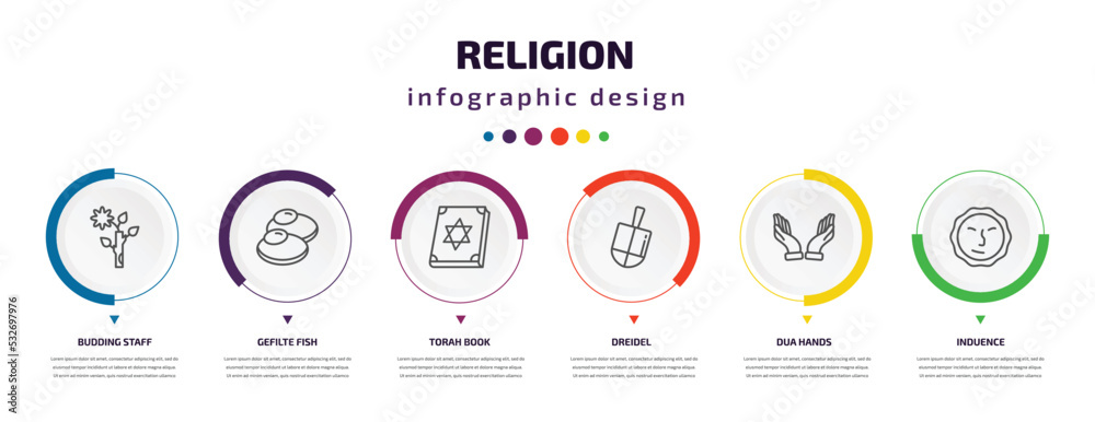 religion infographic element with icons and 6 step or option. religion icons such as budding staff, gefilte fish, torah book, dreidel, dua hands, induence vector. can be used for banner, info graph, religion infographic element with icons and 6 step or option. religion icons such as budding staff, gefilte fish, torah book, dreidel, dua hands, induence vector. can be used for banner, info graph,