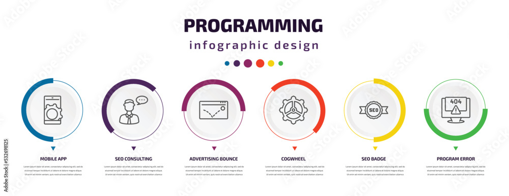 programming infographic element with icons and 6 step or option. programming icons such as mobile app, seo consulting, advertising bounce, cogwheel, seo badge, program error vector. can be used for programming infographic element with icons and 6 step or option. programming icons such as mobile app, seo consulting, advertising bounce, cogwheel, seo badge, program error vector. can be used for