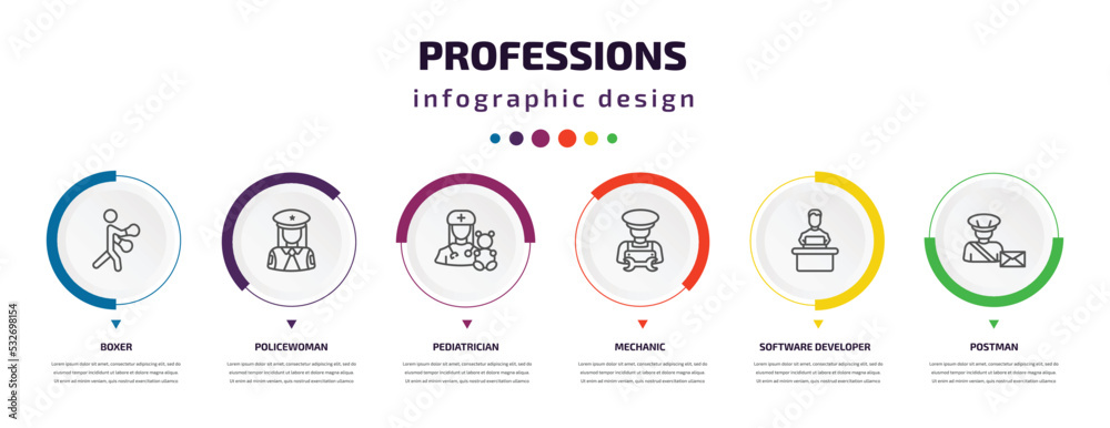 professions infographic element with icons and 6 step or option. professions icons such as boxer, policewoman, pediatrician, mechanic, software developer, postman vector. can be used for banner, professions infographic element with icons and 6 step or option. professions icons such as boxer, policewoman, pediatrician, mechanic, software developer, postman vector. can be used for banner,