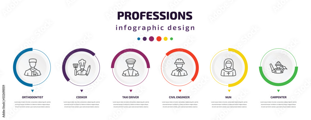 professions infographic element with icons and 6 step or option. professions icons such as orthodontist, cooker, taxi driver, civil engineer, nun, carpenter vector. can be used for banner, info professions infographic element with icons and 6 step or option. professions icons such as orthodontist, cooker, taxi driver, civil engineer, nun, carpenter vector. can be used for banner, info