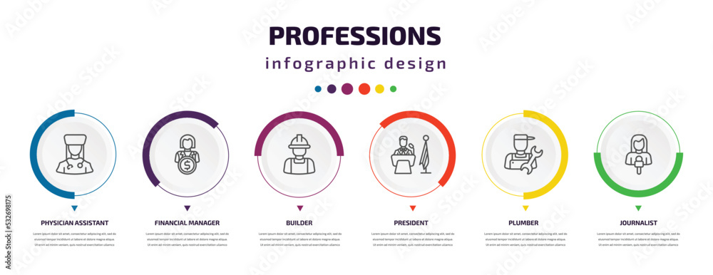 professions infographic element with icons and 6 step or option. professions icons such as physician assistant, financial manager, builder, president, plumber, journalist vector. can be used for professions infographic element with icons and 6 step or option. professions icons such as physician assistant, financial manager, builder, president, plumber, journalist vector. can be used for