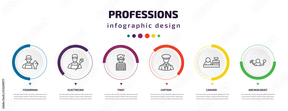 professions infographic element with icons and 6 step or option. professions icons such as fisherman, electrician, thief, captain, cashier, archeologist vector. can be used for banner, info graph, professions infographic element with icons and 6 step or option. professions icons such as fisherman, electrician, thief, captain, cashier, archeologist vector. can be used for banner, info graph,