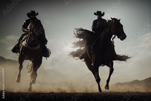 Canvas-taulu Two silhouette cowboys riding horseback through the prairies in a western scene