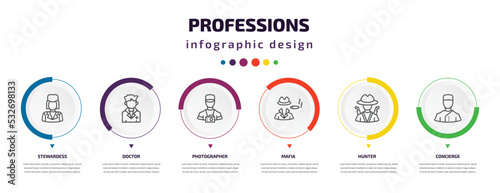 professions infographic element with icons and 6 step or option. professions icons such as stewardess, doctor, photographer, mafia, hunter, concierge vector. can be used for banner, info graph, web,
