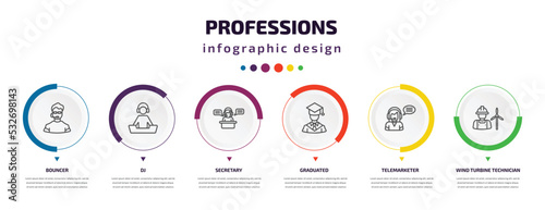 professions infographic element with icons and 6 step or option. professions icons such as bouncer, dj, secretary, graduated, telemarketer, wind turbine technician vector. can be used for banner,