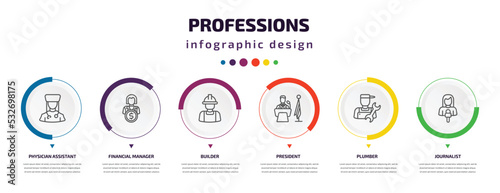 professions infographic element with icons and 6 step or option. professions icons such as physician assistant, financial manager, builder, president, plumber, journalist vector. can be used for