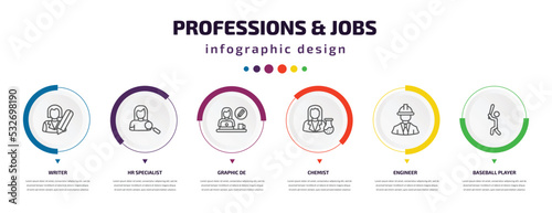 professions & jobs infographic element with icons and 6 step or option. professions & jobs icons such as writer, hr specialist, graphic de, chemist, engineer, baseball player vector. can be used for