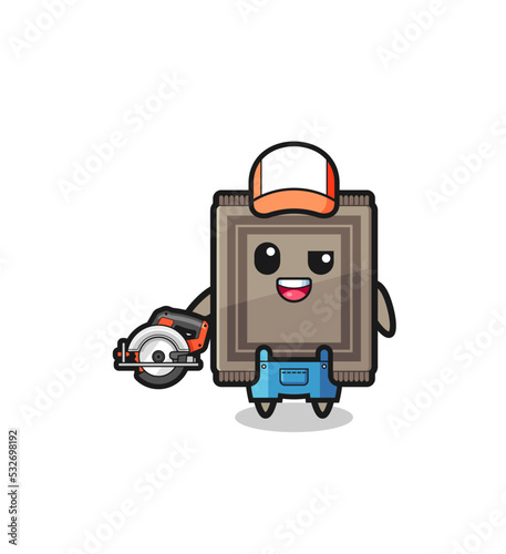 the woodworker carpet mascot holding a circular saw