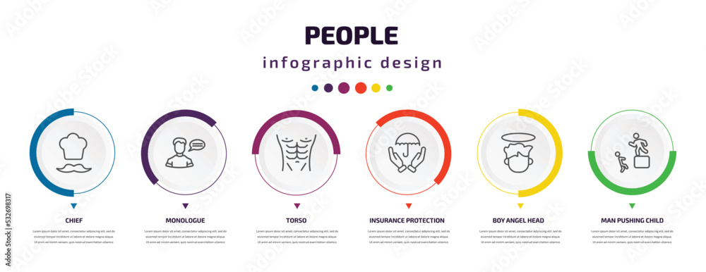 people infographic element with icons and 6 step or option. people icons such as chief, monologue, torso, insurance protection, boy angel head, man pushing child vector. can be used for banner, info people infographic element with icons and 6 step or option. people icons such as chief, monologue, torso, insurance protection, boy angel head, man pushing child vector. can be used for banner, info
