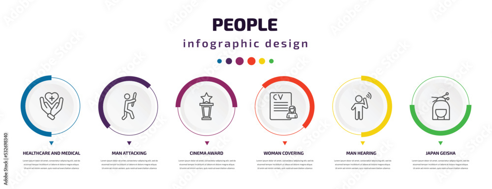 people infographic element with icons and 6 step or option. people icons such as healthcare and medical, man attacking, cinema award, woman covering, man hearing, japan geisha vector. can be used people infographic element with icons and 6 step or option. people icons such as healthcare and medical, man attacking, cinema award, woman covering, man hearing, japan geisha vector. can be used