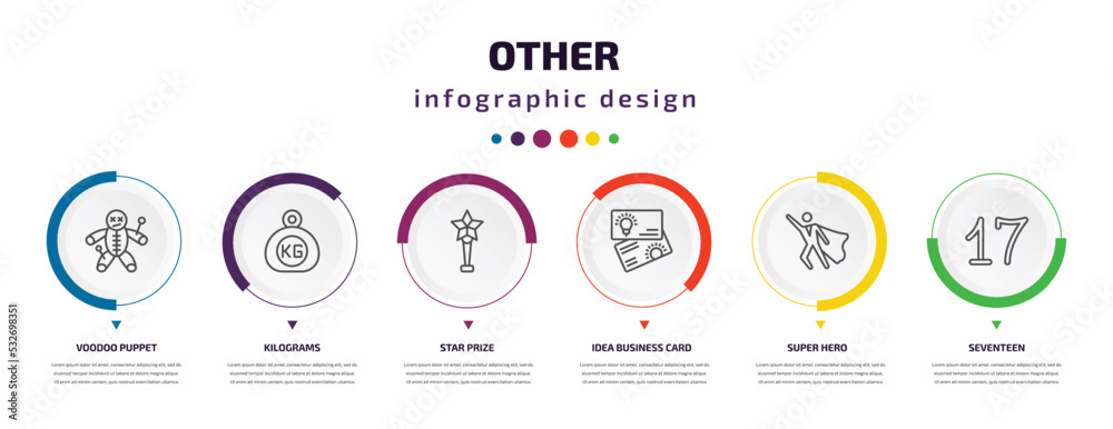 other infographic element with icons and 6 step or option. other icons such as voodoo puppet, kilograms, star prize, idea business card, super hero, seventeen vector. can be used for banner, info other infographic element with icons and 6 step or option. other icons such as voodoo puppet, kilograms, star prize, idea business card, super hero, seventeen vector. can be used for banner, info