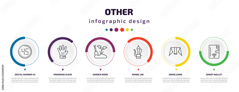 other infographic element with icons and 6 step or option. other icons such as digital number 45, grooming glove, garden work, arabic jar, swing game, smart wallet vector. can be used for banner, other infographic element with icons and 6 step or option. other icons such as digital number 45, grooming glove, garden work, arabic jar, swing game, smart wallet vector. can be used for banner,