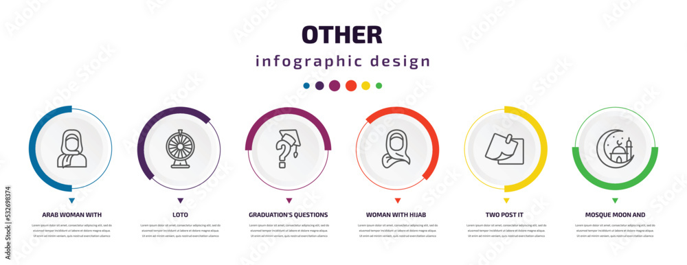 other infographic element with icons and 6 step or option. other icons such as arab woman with hijab, loto, graduation's questions, woman with hijab, two post it, mosque moon and star vector. can be other infographic element with icons and 6 step or option. other icons such as arab woman with hijab, loto, graduation's questions, woman with hijab, two post it, mosque moon and star vector. can be