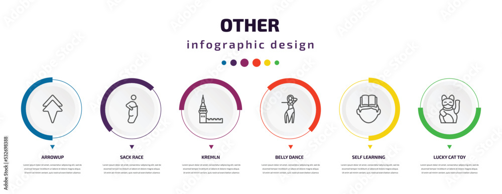 other infographic element with icons and 6 step or option. other icons such as arrowup, sack race, kremln, belly dance, self learning, lucky cat toy vector. can be used for banner, info graph, web, other infographic element with icons and 6 step or option. other icons such as arrowup, sack race, kremln, belly dance, self learning, lucky cat toy vector. can be used for banner, info graph, web,