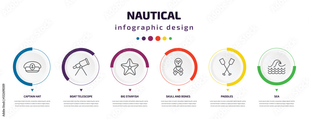 nautical infographic element with icons and 6 step or option. nautical icons such as captain hat, boat telescope, big starfish, skull and bones, paddles, sea vector. can be used for banner, info nautical infographic element with icons and 6 step or option. nautical icons such as captain hat, boat telescope, big starfish, skull and bones, paddles, sea vector. can be used for banner, info