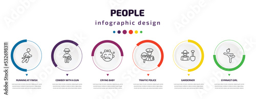 people infographic element with icons and 6 step or option. people icons such as running at finish line, cowboy with a gun, crying baby, traffic police, garderner, gymnast girl vector. can be used