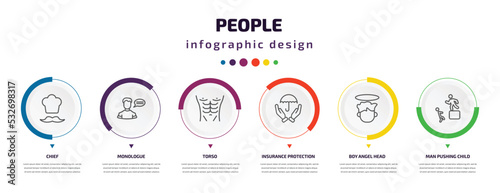 people infographic element with icons and 6 step or option. people icons such as chief, monologue, torso, insurance protection, boy angel head, man pushing child vector. can be used for banner, info