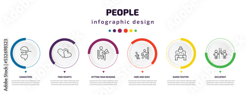 people infographic element with icons and 6 step or option. people icons such as gangsters, two hearts, sitting man reading, hide and seek, sumo fighter, occupant vector. can be used for banner,