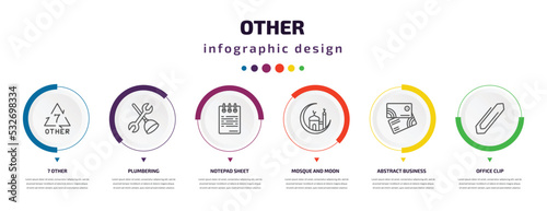 other infographic element with icons and 6 step or option. other icons such as 7 other, plumbering, notepad sheet, mosque and moon, abstract business card, office clip vector. can be used for