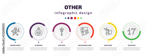 other infographic element with icons and 6 step or option. other icons such as voodoo puppet, kilograms, star prize, idea business card, super hero, seventeen vector. can be used for banner, info