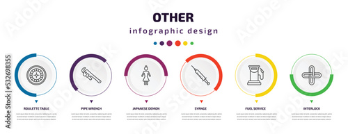 other infographic element with icons and 6 step or option. other icons such as roulette table, pipe wrench, japanese demon, syrnge, fuel service, interlock vector. can be used for banner, info