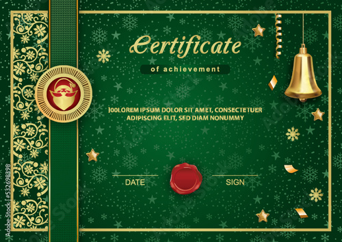 Christmas green certificate. Santa inside emblem, Xmas background