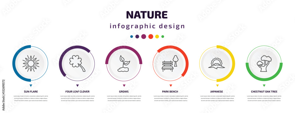 nature infographic element with icons and 6 step or option. nature icons such as sun flare, four leaf clover, grows, park bench, japanese, chestnut oak tree vector. can be used for banner, info nature infographic element with icons and 6 step or option. nature icons such as sun flare, four leaf clover, grows, park bench, japanese, chestnut oak tree vector. can be used for banner, info