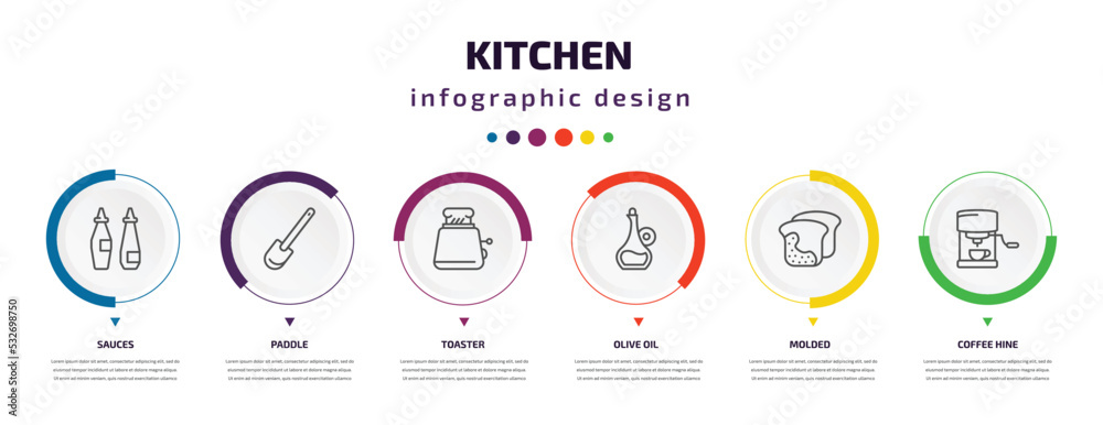 kitchen infographic element with icons and 6 step or option. kitchen icons such as sauces, paddle, toaster, olive oil, molded, coffee hine vector. can be used for banner, info graph, web,