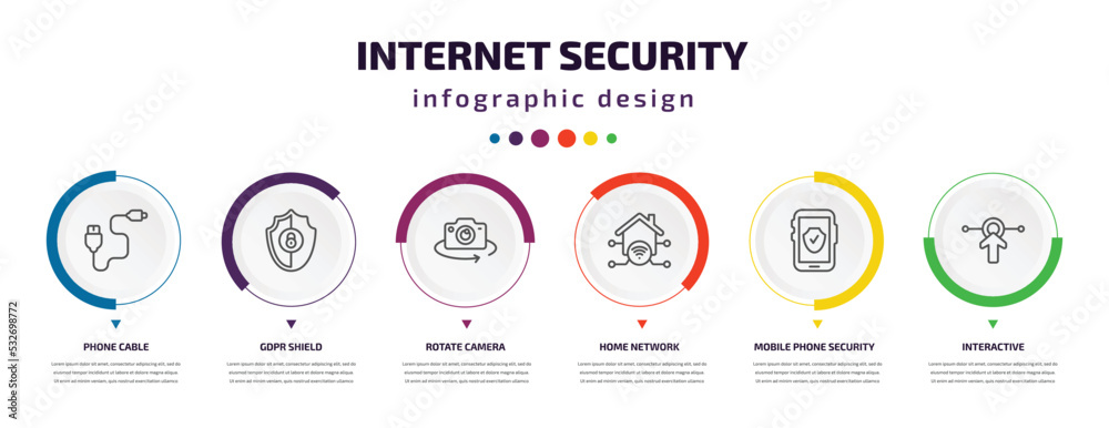 internet security infographic element with icons and 6 step or option. internet security icons such as phone cable, gdpr shield, rotate camera, home network, mobile phone security, interactive internet security infographic element with icons and 6 step or option. internet security icons such as phone cable, gdpr shield, rotate camera, home network, mobile phone security, interactive