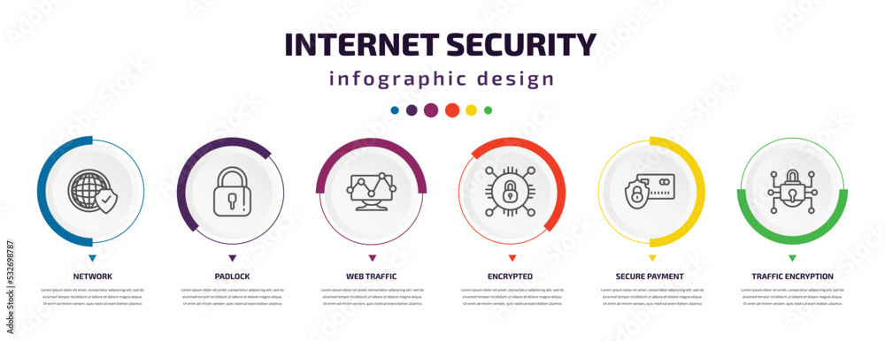 internet security infographic element with icons and 6 step or option. internet security icons such as network, padlock, web traffic, encrypted, secure payment, traffic encryption vector. can be internet security infographic element with icons and 6 step or option. internet security icons such as network, padlock, web traffic, encrypted, secure payment, traffic encryption vector. can be