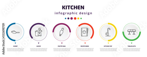 kitchen infographic element with icons and 6 step or option. kitchen icons such as scoop, juicer, pastry bag, recipe book, kitchen tap, tablecloth vector. can be used for banner, info graph, web,