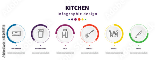 kitchen infographic element with icons and 6 step or option. kitchen icons such as bun warmer, kitchen board, milk, spatula, dinner, knives vector. can be used for banner, info graph, web,