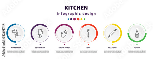 kitchen infographic element with icons and 6 step or option. kitchen icons such as meat grinder, coffee maker, kitchen mitten, fork, rolling pin, ketchup vector. can be used for banner, info graph,