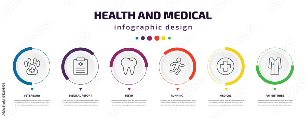 health and medical infographic element with icons and 6 step or option. health and medical icons such as veterinary, medical report, teeth, running, patient robe vector. can be used for banner, info