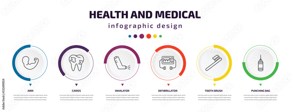health and medical infographic element with icons and 6 step or option. health and medical icons such as arm, caries, inhalator, defibrillator, tooth brush, punching bag vector. can be used for health and medical infographic element with icons and 6 step or option. health and medical icons such as arm, caries, inhalator, defibrillator, tooth brush, punching bag vector. can be used for
