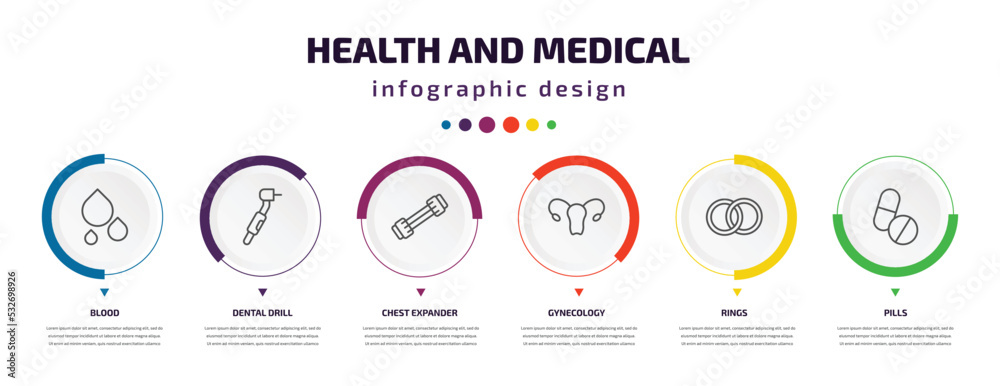 health and medical infographic element with icons and 6 step or option. health and medical icons such as blood, dental drill, chest expander, gynecology, rings, pills vector. can be used for banner, health and medical infographic element with icons and 6 step or option. health and medical icons such as blood, dental drill, chest expander, gynecology, rings, pills vector. can be used for banner,