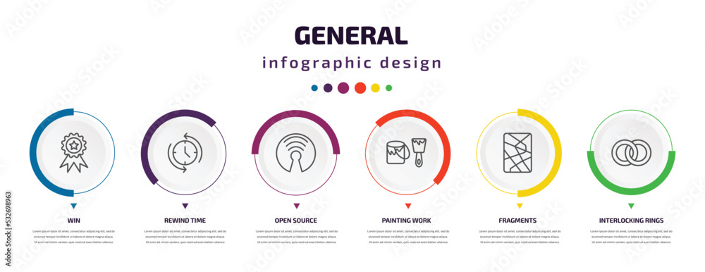 general infographic element with icons and 6 step or option. general icons such as win, rewind time, open source, painting work, fragments, interlocking rings vector. can be used for banner, info general infographic element with icons and 6 step or option. general icons such as win, rewind time, open source, painting work, fragments, interlocking rings vector. can be used for banner, info