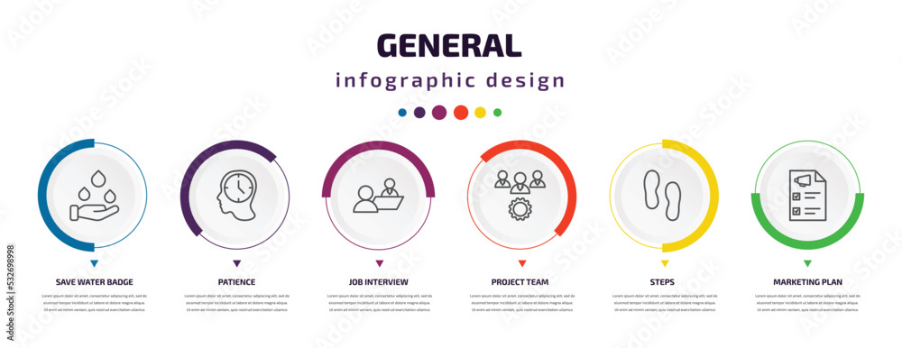 general infographic element with icons and 6 step or option. general icons such as save water badge, patience, job interview, project team, steps, marketing plan vector. can be used for banner, info general infographic element with icons and 6 step or option. general icons such as save water badge, patience, job interview, project team, steps, marketing plan vector. can be used for banner, info