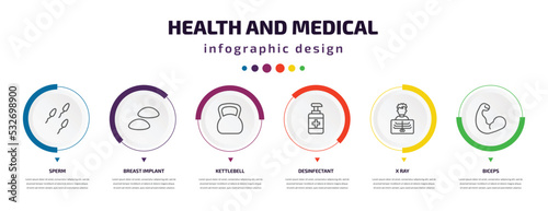 health and medical infographic element with icons and 6 step or option. health and medical icons such as sperm, breast implant, kettlebell, desinfectant, x ray, biceps vector. can be used for