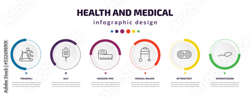 health and medical infographic element with icons and 6 step or option. health and medical icons such as treadmill, salt, measure tape, medical walker, optometrist, spermatozoon vector. can be used