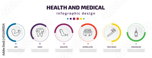health and medical infographic element with icons and 6 step or option. health and medical icons such as arm, caries, inhalator, defibrillator, tooth brush, punching bag vector. can be used for