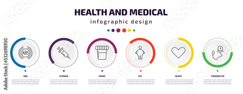 health and medical infographic element with icons and 6 step or option. health and medical icons such as abs, syringe, urine, fat, heart, tonometer vector. can be used for banner, info graph, web,