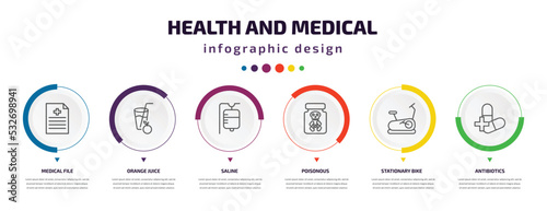 health and medical infographic element with icons and 6 step or option. health and medical icons such as medical file, orange juice, saline, poisonous, stationary bike, antibiotics vector. can be