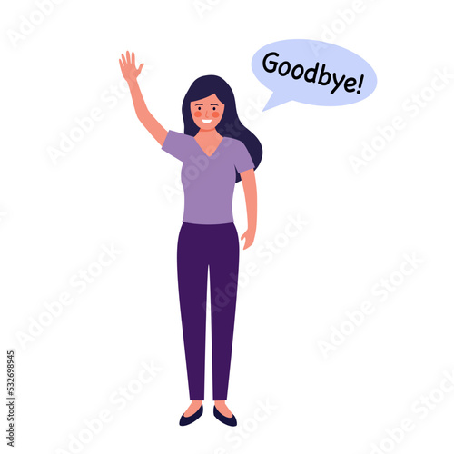 Woman saying goodbye in flat design on white background.