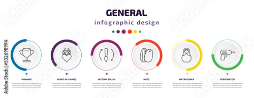 general infographic element with icons and 6 step or option. general icons such as winning, heart in flames, history brush, nuts, matryoshka, perforator vector. can be used for banner, info graph,