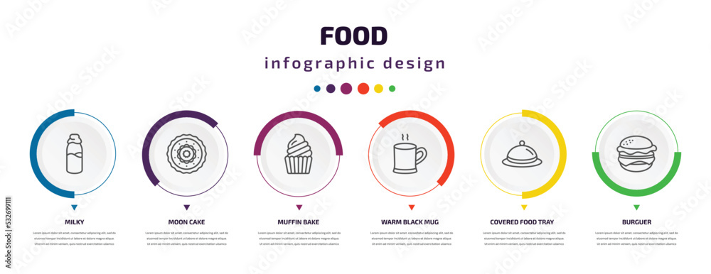 food infographic element with icons and 6 step or option. food icons such as milky, moon cake, muffin bake, warm black mug, covered food tray, burguer vector. can be used for banner, info graph, food infographic element with icons and 6 step or option. food icons such as milky, moon cake, muffin bake, warm black mug, covered food tray, burguer vector. can be used for banner, info graph,