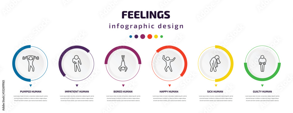 feelings infographic element with icons and 6 step or option. feelings icons such as pumped human, impatient human, bored human, happy sick guilty vector. can be used for banner, info graph, web, feelings infographic element with icons and 6 step or option. feelings icons such as pumped human, impatient human, bored human, happy sick guilty vector. can be used for banner, info graph, web,