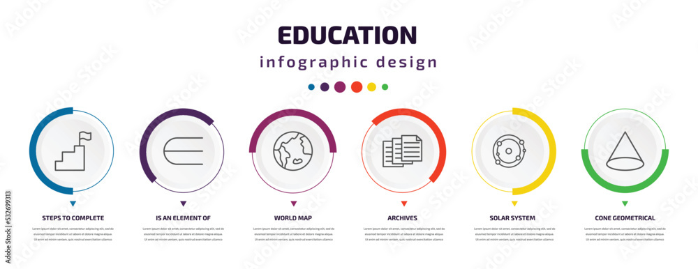 education infographic element with icons and 6 step or option. education icons such as steps to complete, is an element of, world map, archives, solar system, cone geometrical vector. can be used education infographic element with icons and 6 step or option. education icons such as steps to complete, is an element of, world map, archives, solar system, cone geometrical vector. can be used