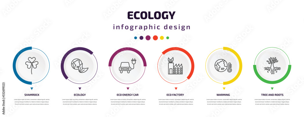 ecology infographic element with icons and 6 step or option. ecology icons such as shamrock, ecology, eco energy car, eco factory, warming, tree and roots vector. can be used for banner, info graph, ecology infographic element with icons and 6 step or option. ecology icons such as shamrock, ecology, eco energy car, eco factory, warming, tree and roots vector. can be used for banner, info graph,