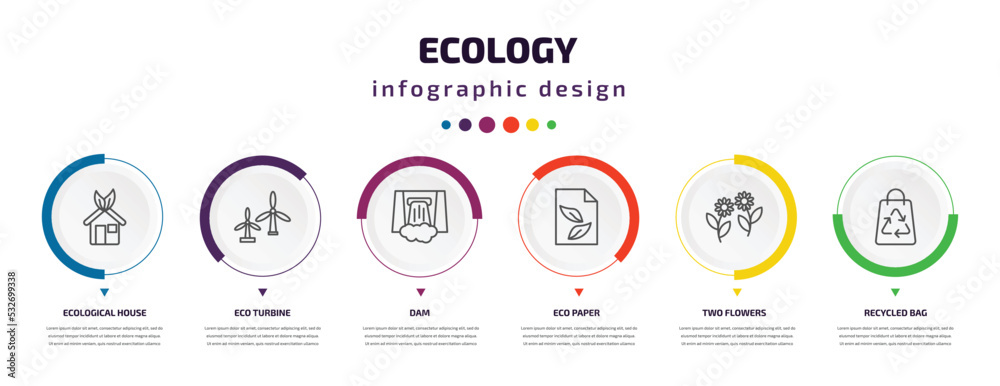 ecology infographic element with icons and 6 step or option. ecology icons such as ecological house, eco turbine, dam, eco paper, two flowers, recycled bag vector. can be used for banner, info ecology infographic element with icons and 6 step or option. ecology icons such as ecological house, eco turbine, dam, eco paper, two flowers, recycled bag vector. can be used for banner, info